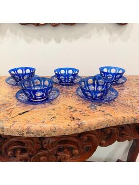 Vintage Bohemian MCM Cobalt Blue Glass Finger Cups & Saucers Set of 5